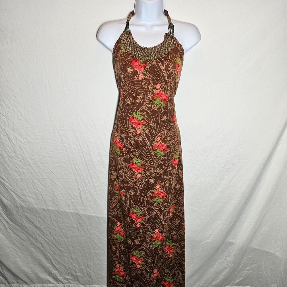 vtg y2k 2000's floral whimsigoth coastal tropical beaded neck halter midi dress